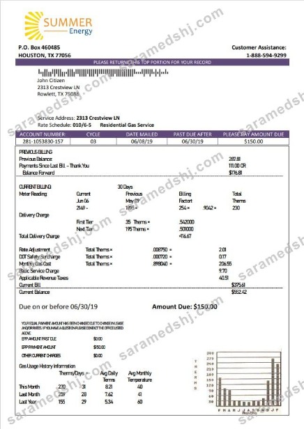USA Texas Summer Energy easy fillable utility bill template in Word and PDF format